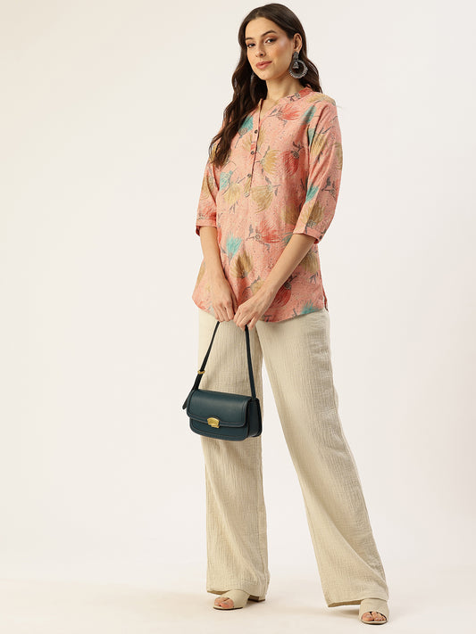 Pink Floral Printed Mandarin Collar Tunic