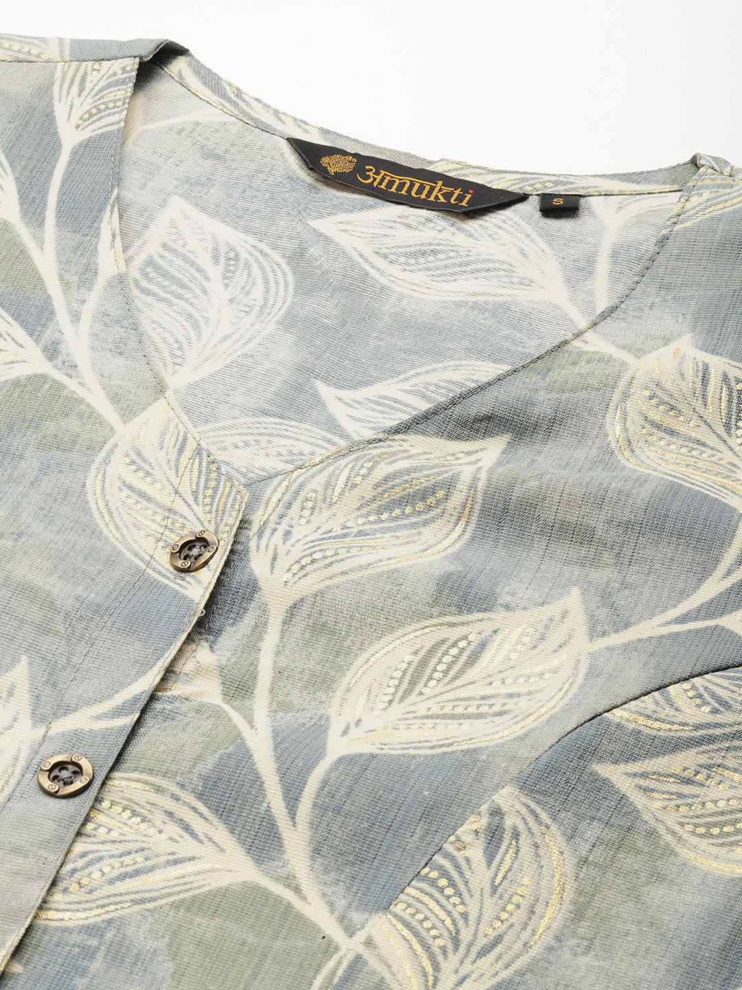 Blue Leaf Printed V-Neck Kurta