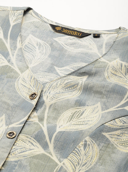 Blue Leaf Printed V-Neck Kurta