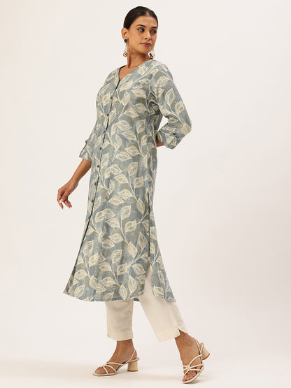 Blue Leaf Printed V-Neck Kurta