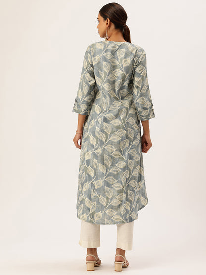 Blue Leaf Printed V-Neck Kurta