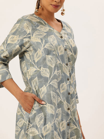 Blue Leaf Printed V-Neck Kurta