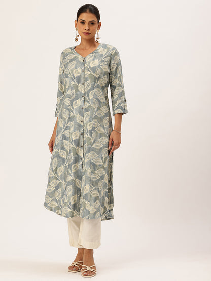 Blue Leaf Printed V-Neck Kurta