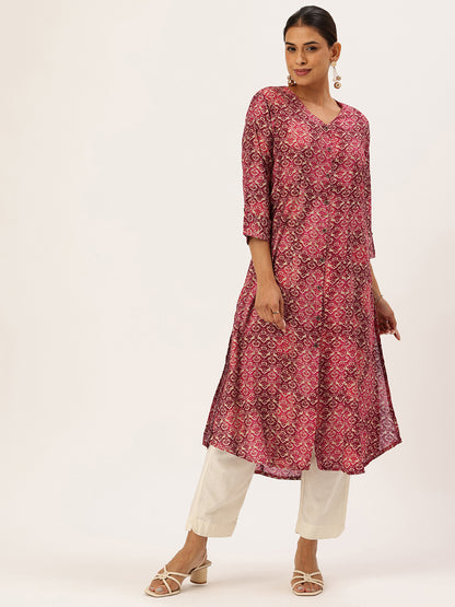 Pink Geometric Printed V-Neck Kurta