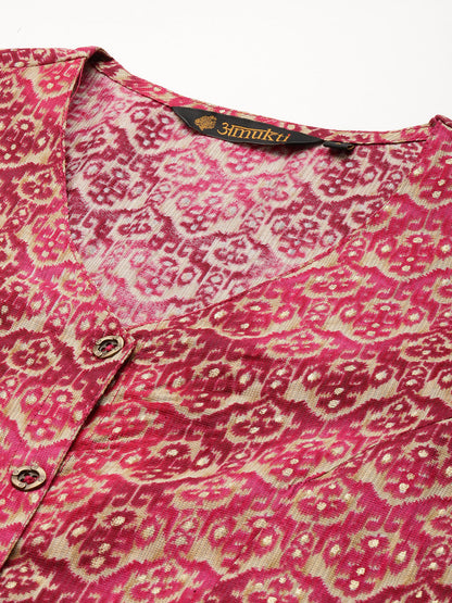Pink Geometric Printed V-Neck Kurta