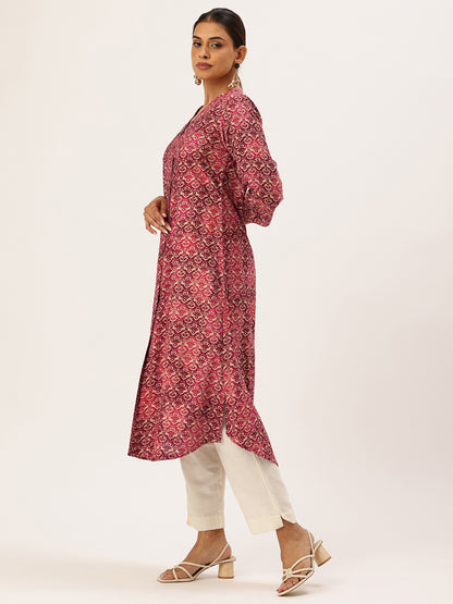 Pink Geometric Printed V-Neck Kurta