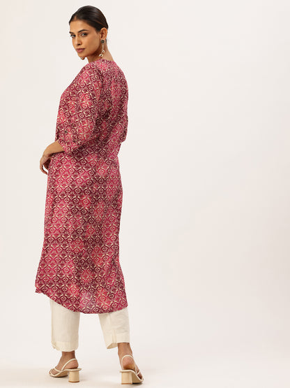 Pink Geometric Printed V-Neck Kurta
