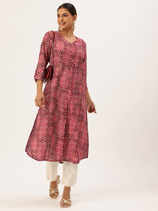 Pink Geometric Printed V-Neck Kurta