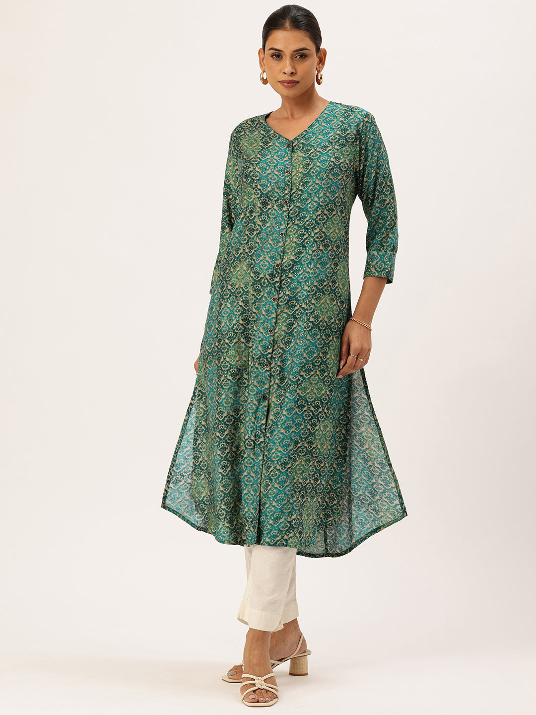 Green Geometric Printed V-Neck Kurta