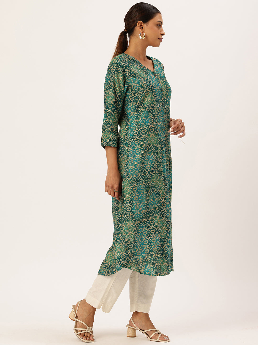 Green Geometric Printed V-Neck Kurta