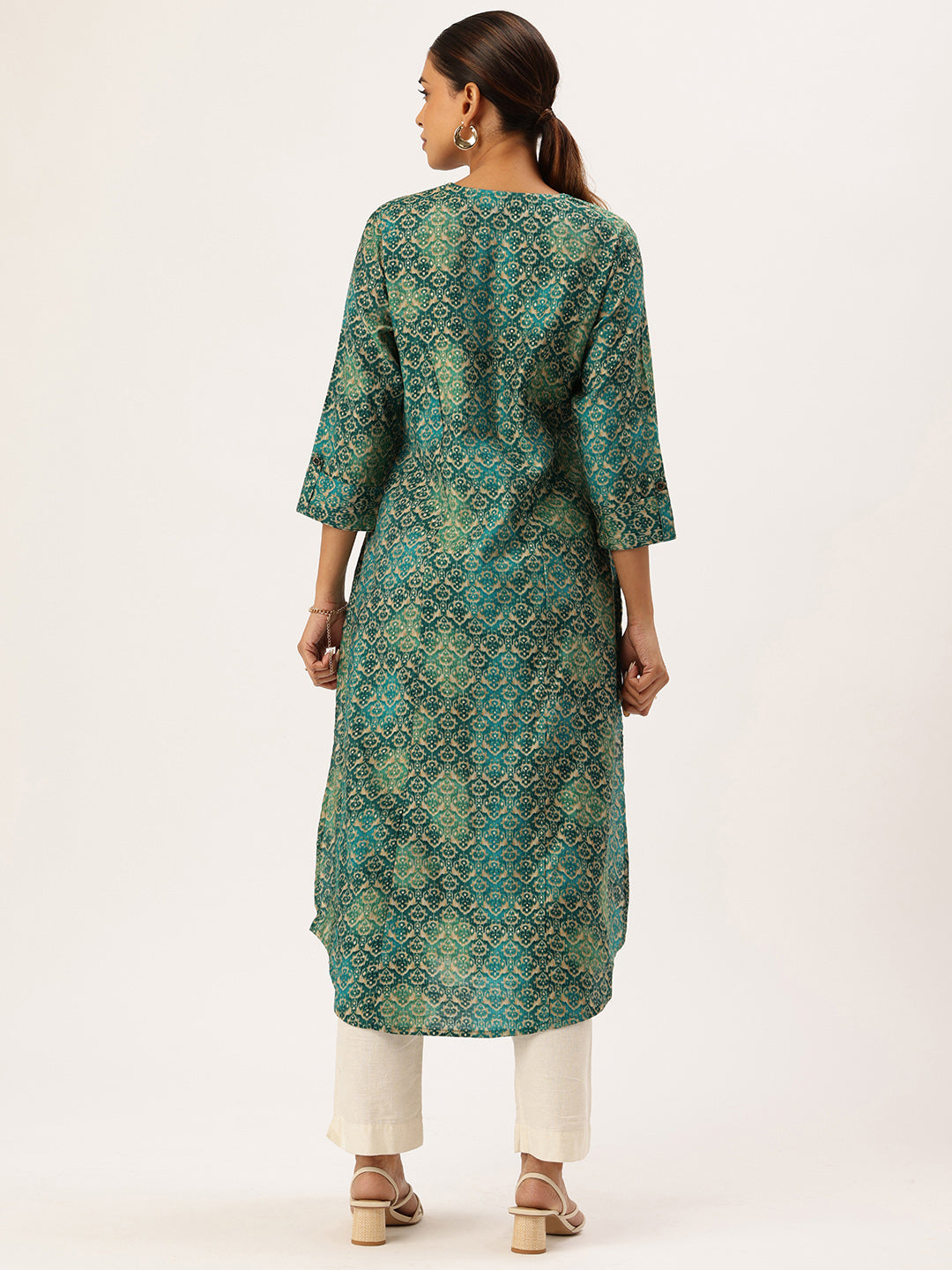 Green Geometric Printed V-Neck Kurta