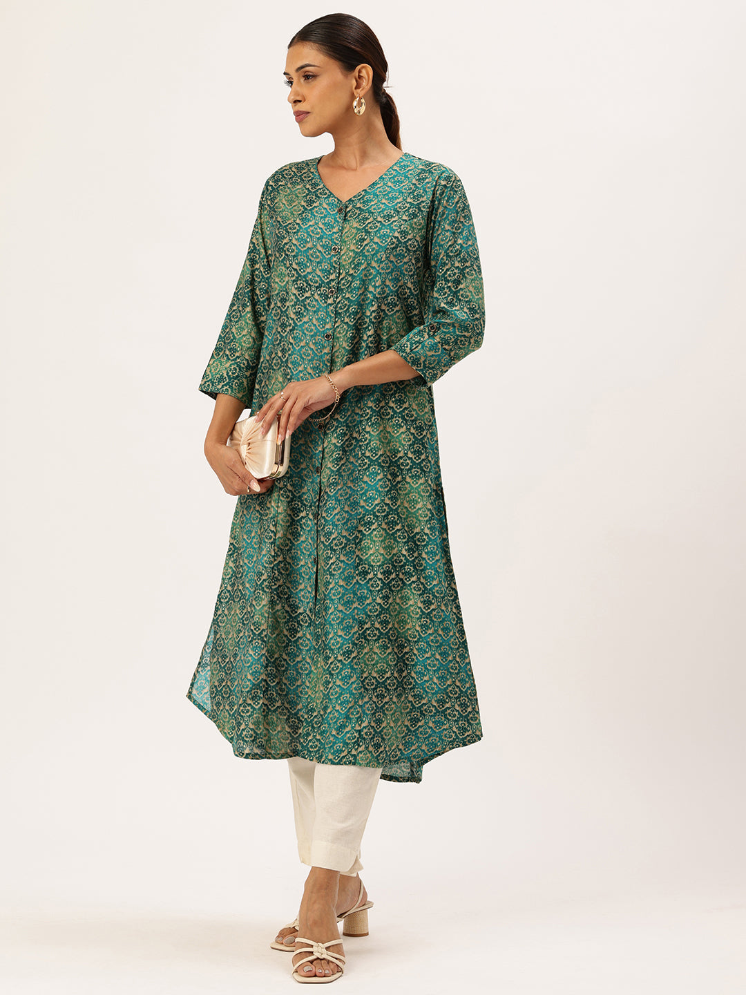 Green Geometric Printed V-Neck Kurta