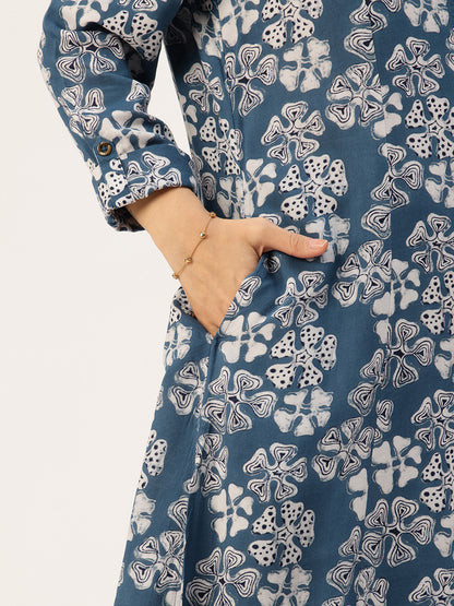 Blue Floral Printed Mandarin Collar Kurta