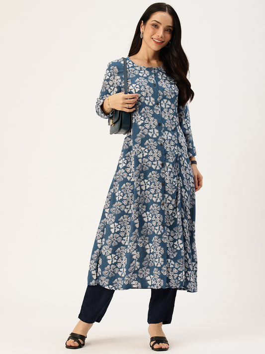Blue Floral Printed Mandarin Collar Kurta