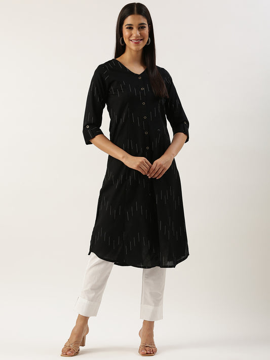 Black Printed Linen Kurta