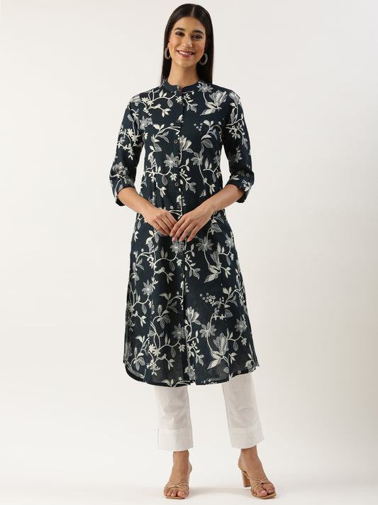 Navy Blue Floral Printed Kurta