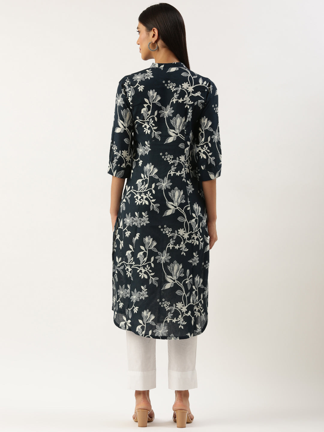 Navy Blue Floral Printed Kurta