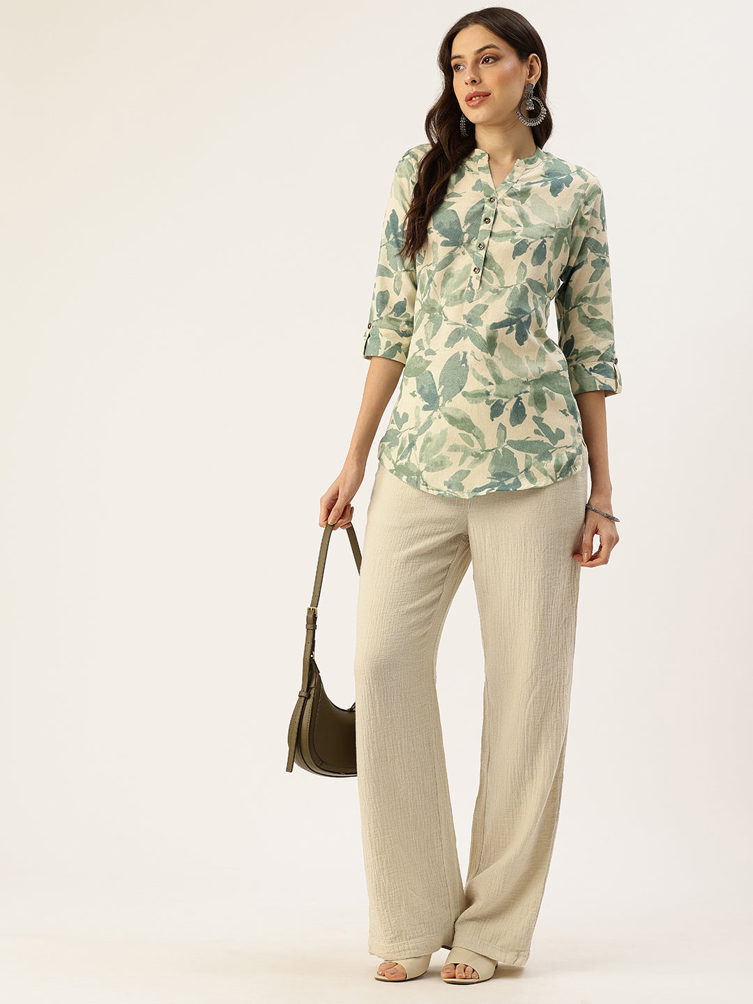 White Leaf Printed Mandarin Collar Tunic