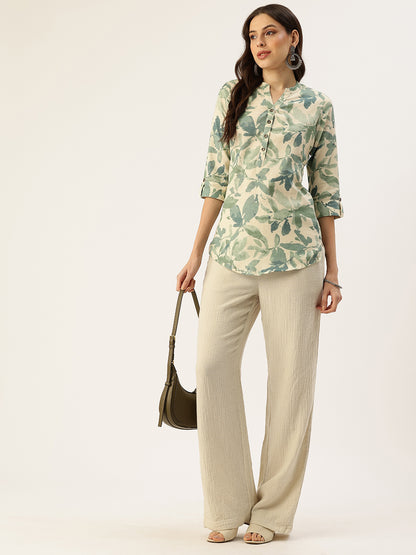 White Leaf Printed Mandarin Collar Tunic