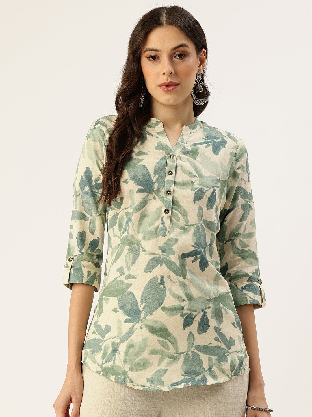 White Leaf Printed Mandarin Collar Tunic