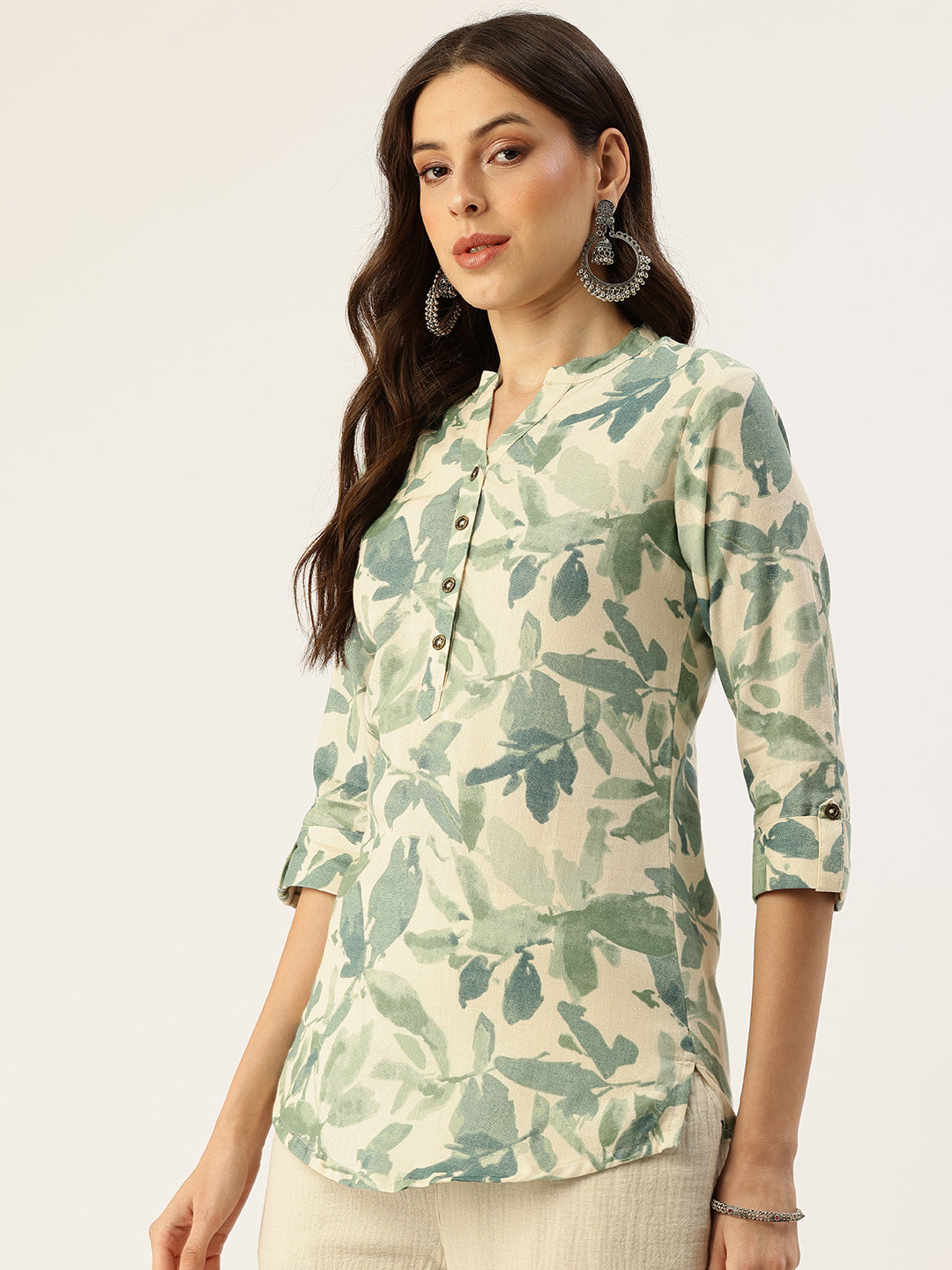 White Leaf Printed Mandarin Collar Tunic