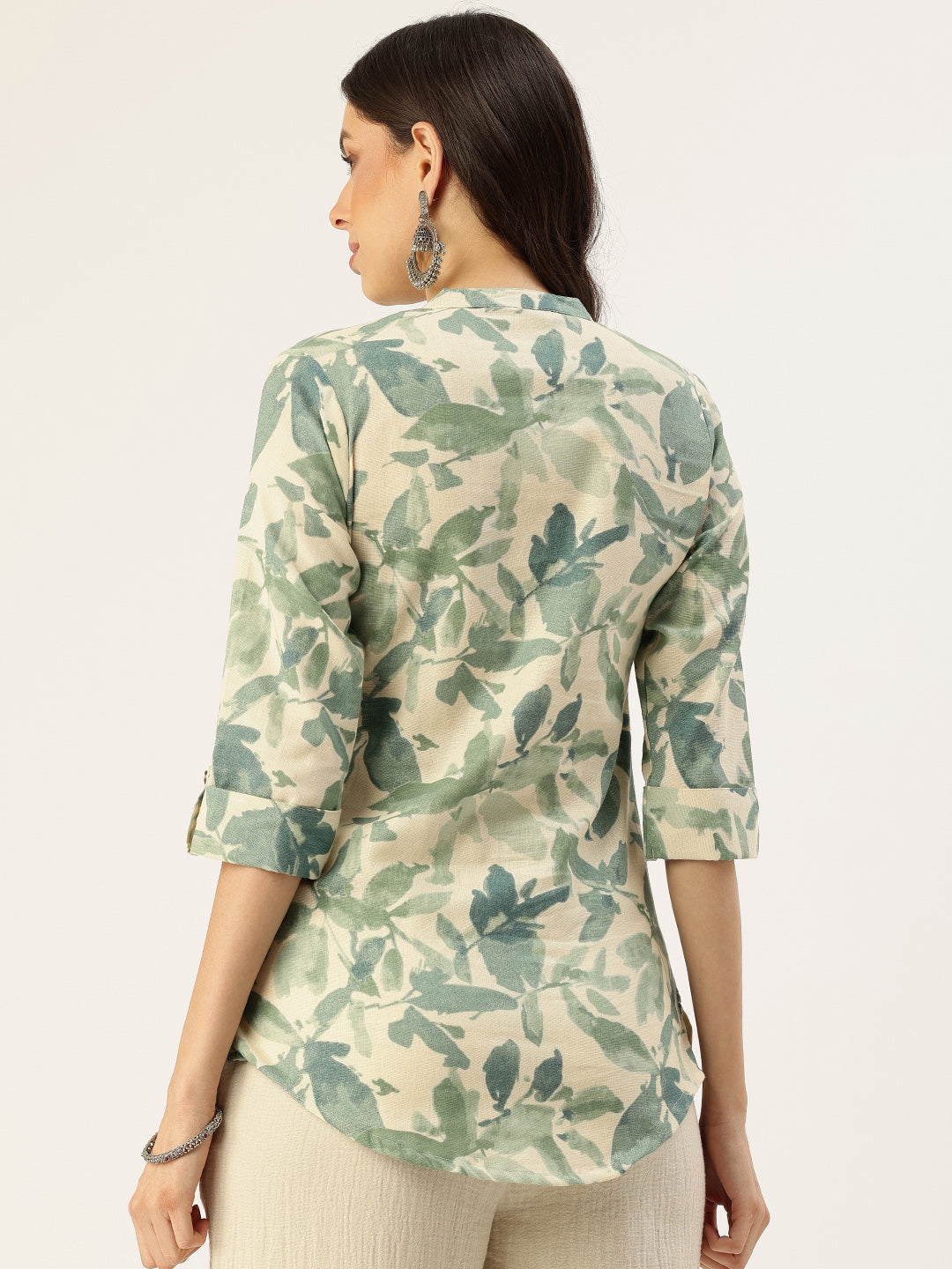 White Leaf Printed Mandarin Collar Tunic