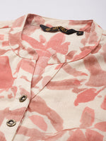 White & Pink Leaf Printed Mandarin Collar Tunic