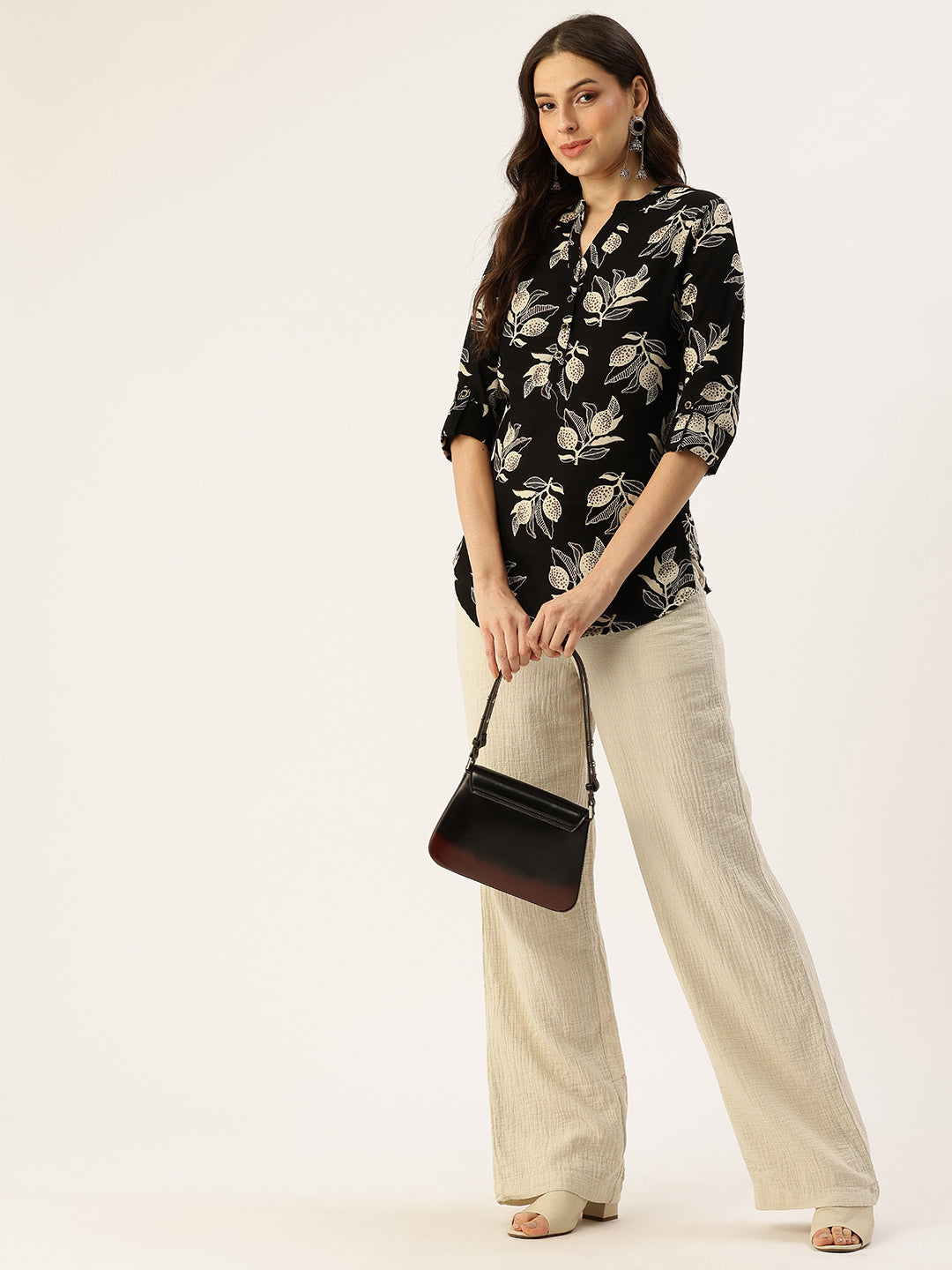 Black Leaf Printed Mandarin Collar Tunic