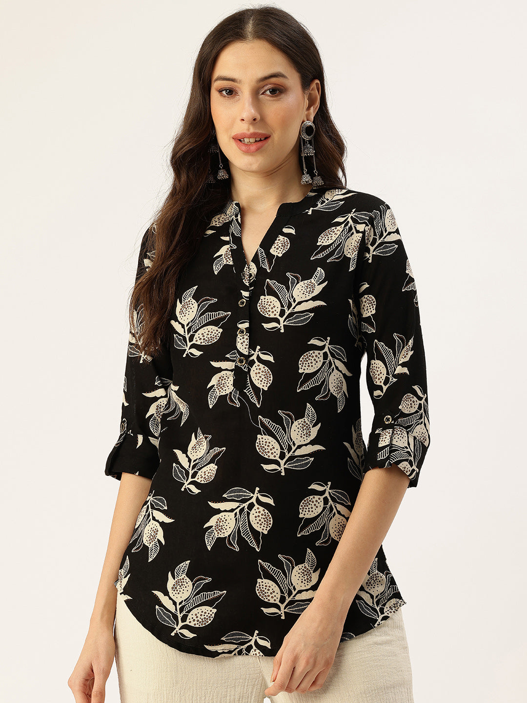 Black Leaf Printed Mandarin Collar Tunic