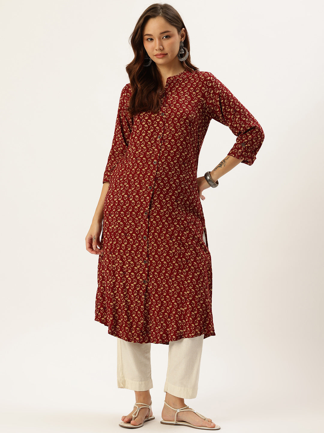 Maroon Floral Printed Kurta