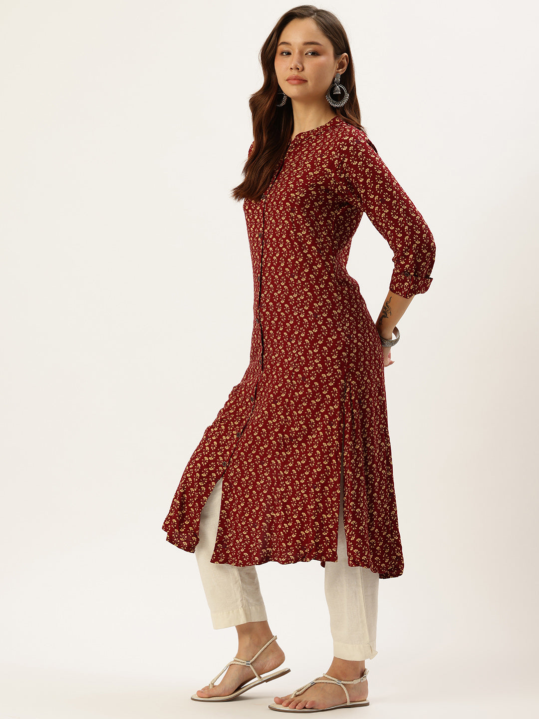 Maroon Floral Printed Kurta