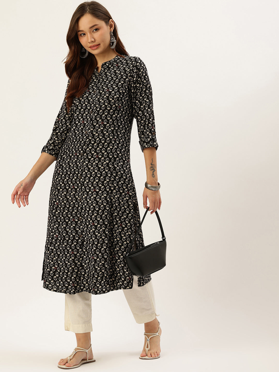 Black Floral Printed Kurta