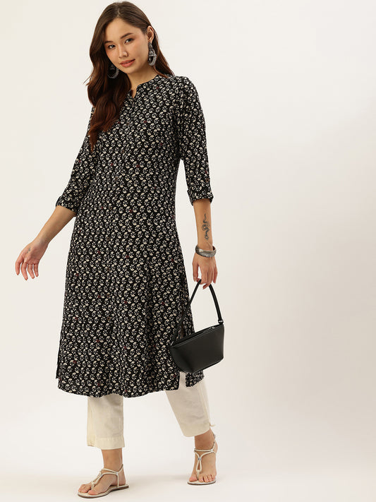 Black Floral Printed Kurta