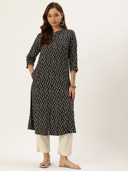 Black Floral Printed Kurta