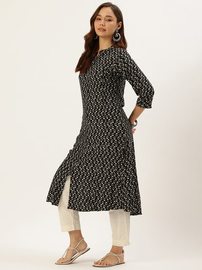 Black Floral Printed Kurta