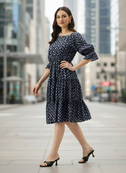 Blue Paisley Printed Bell Sleeves Tiered Dress, midi dress, dress, women’s western wear, party wear dress, casual wear dress
