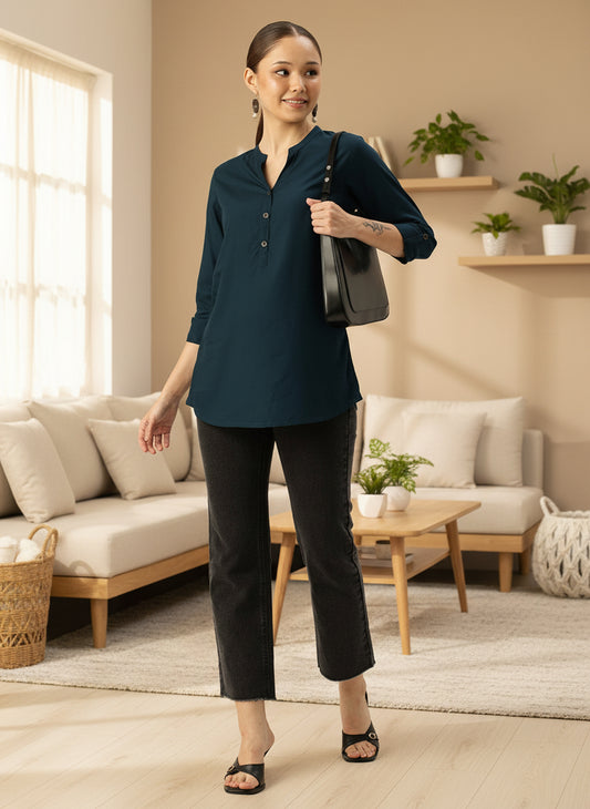 Blue Mandarin Collar Tunic, mandarin collar Tunic, casual wear Tunic, women’s tunic, Office Wear Tunic
