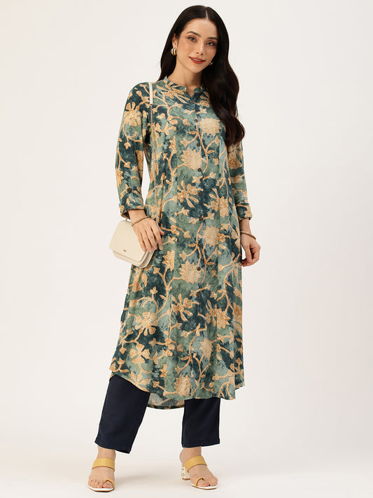 Blue Floral Printed Mandarin Collar Kurta, Princess Cur Kurta, A-Line Kurta, Floral Print, Mandarin Collar kurta, printed kurta
