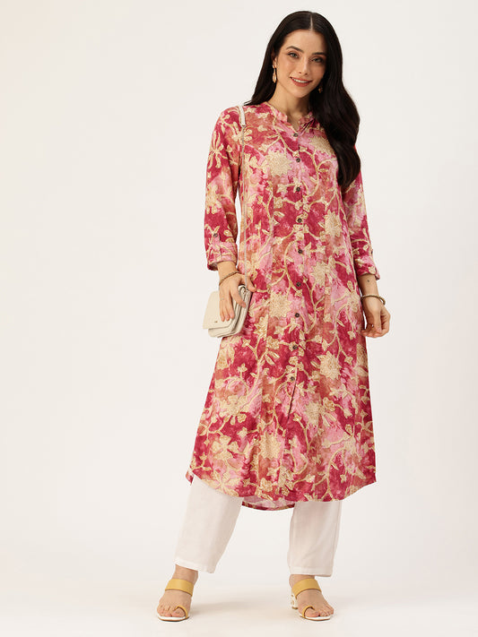 Red Floral Printed Kurta, Princess Cur Kurta, A-Line Kurta, Floral Print, Mandarin Collar kurta, printed kurta

