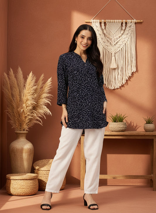 Blue Viscose Rayon Mandarin Collar Printed Tunic, polka dot Printed Tunic, printed tunic, mandarin collar Tunic, casual wear Tunic, women’s tunic, Office Wear Tunic
