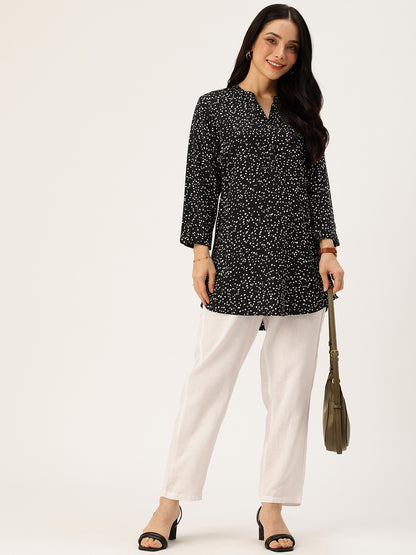 Black Viscose Rayon Mandarin Collar Printed Tunic