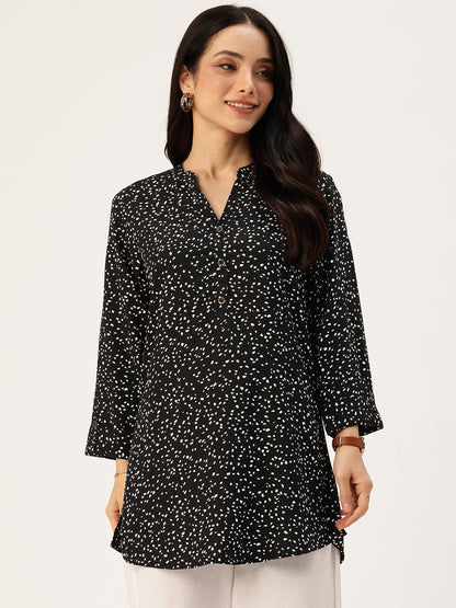 Black Viscose Rayon Mandarin Collar Printed Tunic