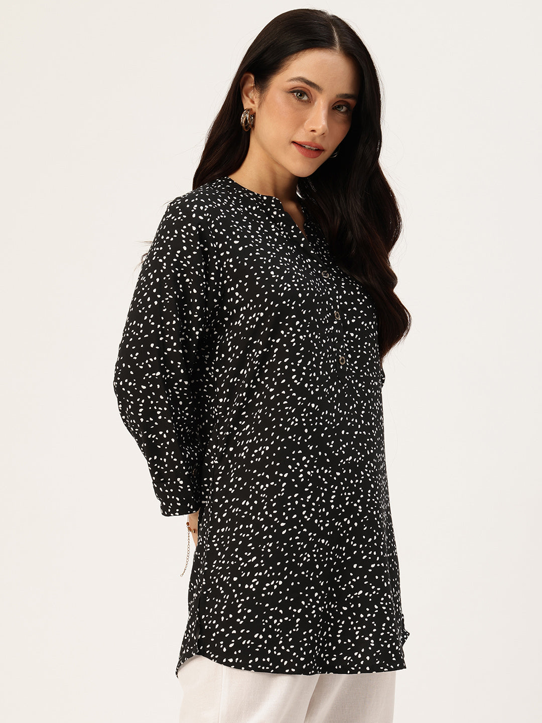 Black Viscose Rayon Mandarin Collar Printed Tunic