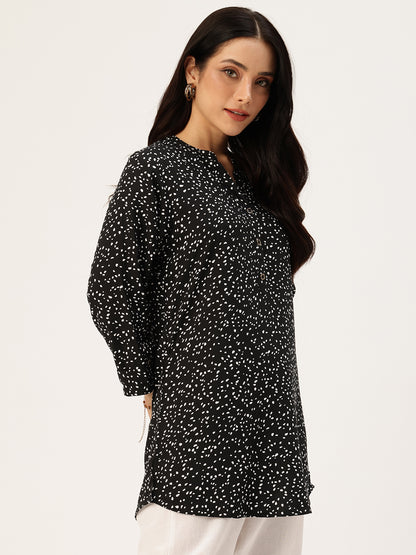 Black Viscose Rayon Mandarin Collar Printed Tunic