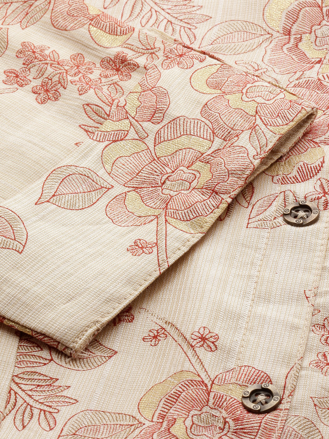 Beige & Red Floral Printed Kurta