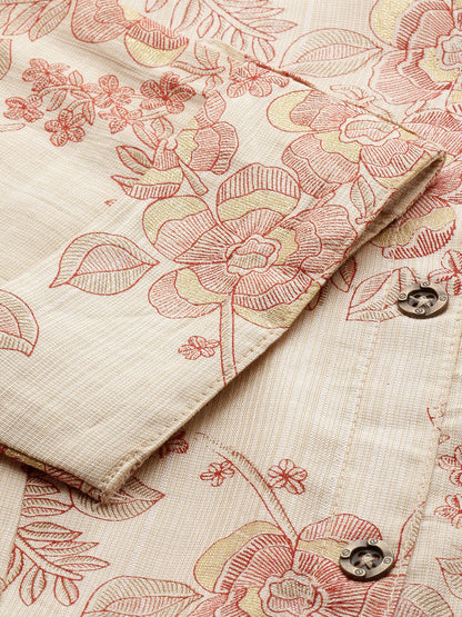 Beige & Red Floral Printed Kurta