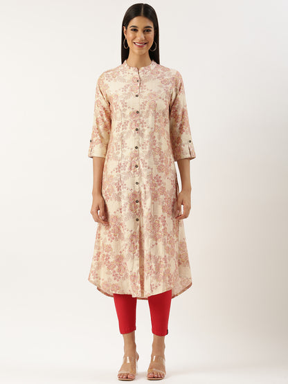 Beige & Red Floral Printed Kurta