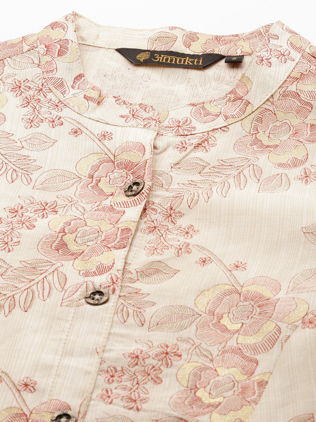 Beige & Red Floral Printed Kurta