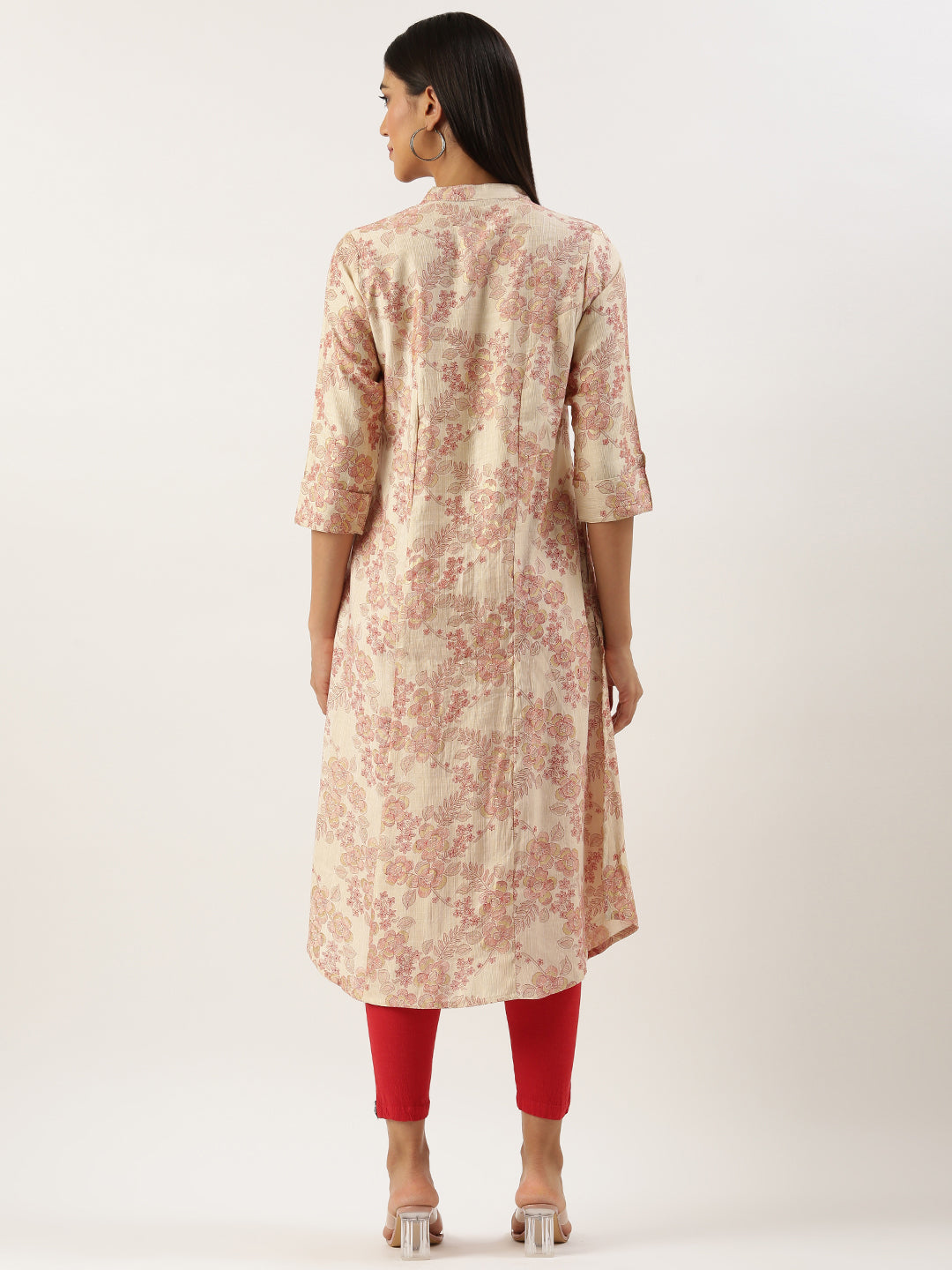Beige & Red Floral Printed Kurta