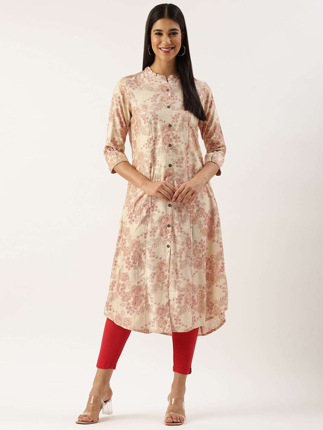 Beige & Red Floral Printed Kurta